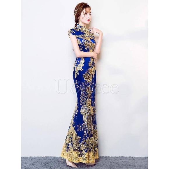 🆕 Uoozee - Blue Lace Embroidered Mermaid Gown - Picture 2 of 4